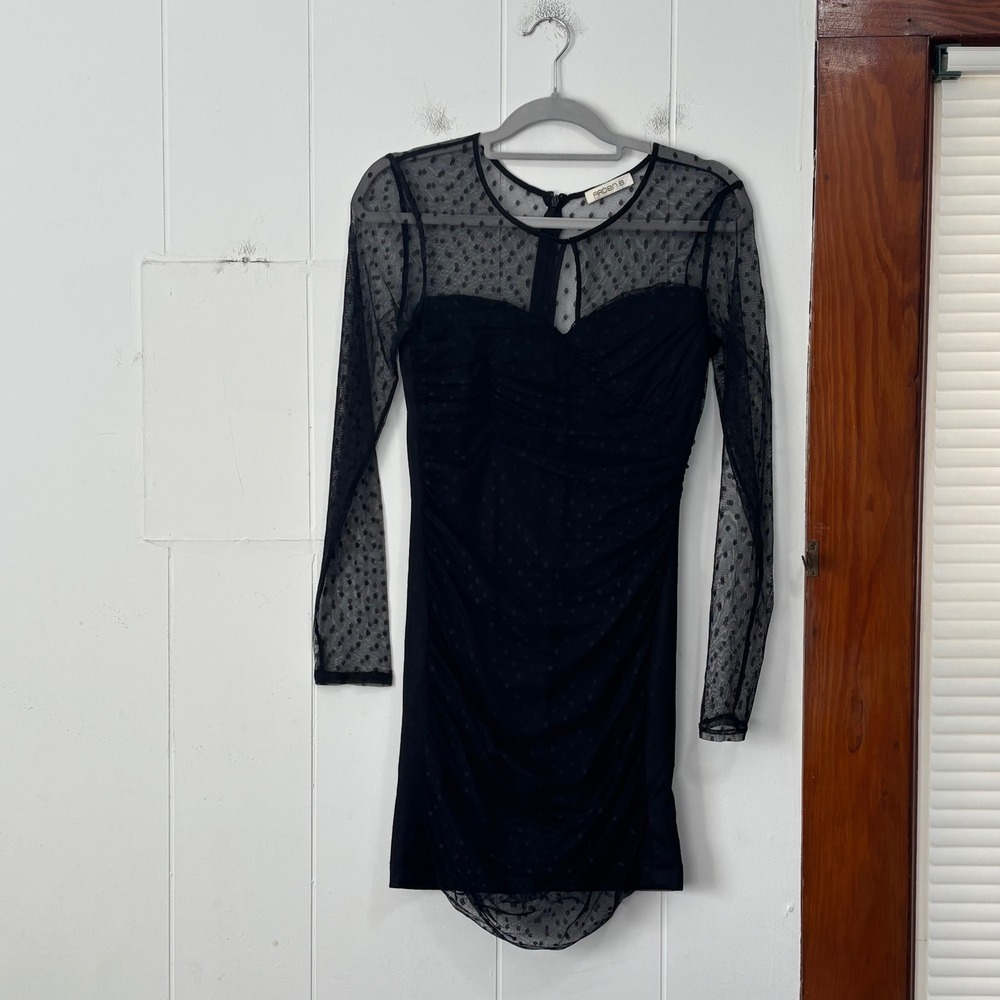 Arden B Black‎ whimsigoth Mesh Polka Dot Sheer Long Sleeve Ruched Mini Dress